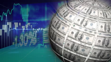 animation of globe formed with american dollar banknotes over financial data processing