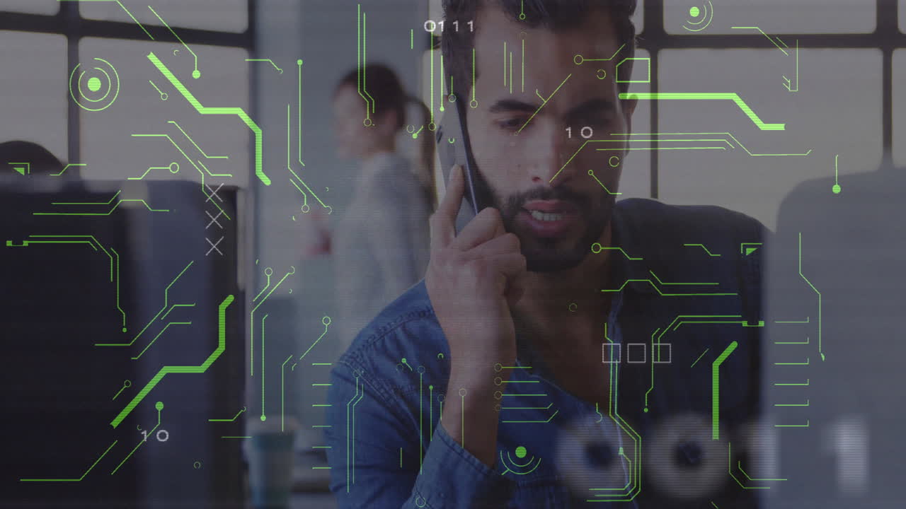 Businessman talking on phone with digital data processing animation overlay