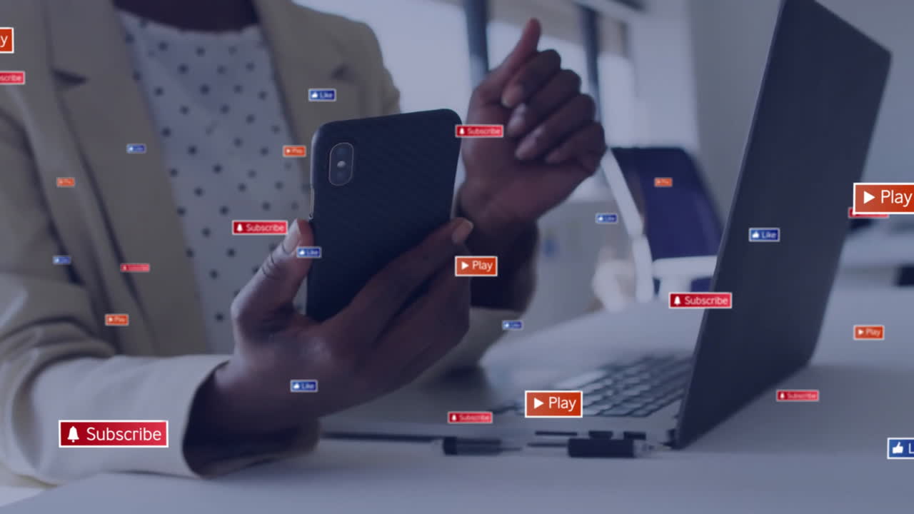 Animation of data processing over african american businesswoman using smartphone in office