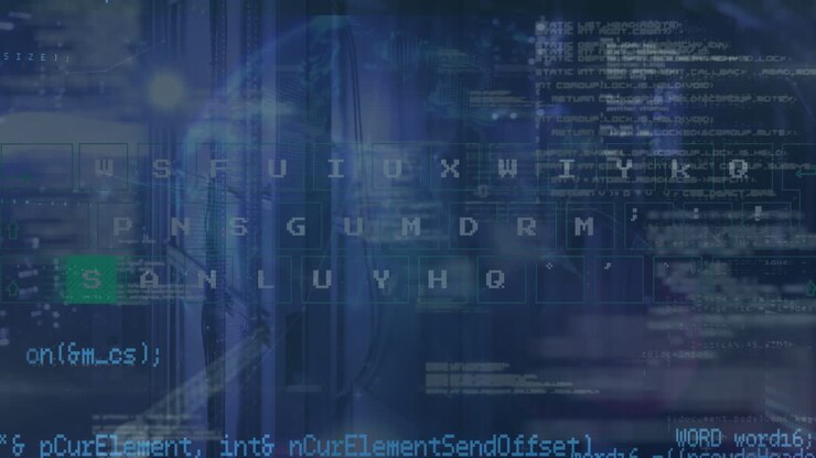 Animation of letters, binary codes over computer language against server room in background