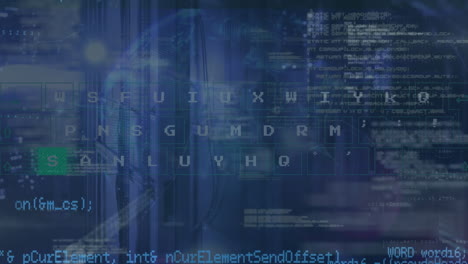 Animation of letters, binary codes over computer language against server room in background