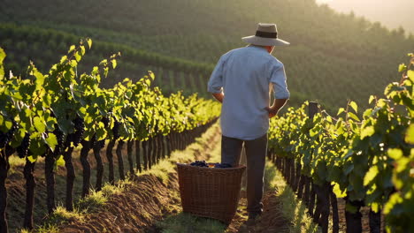 grape harvest in vineyard at sunset