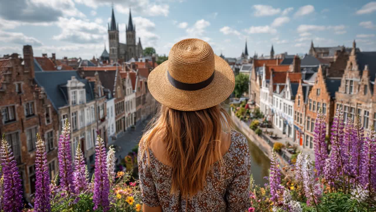 A Beautiful Scenic View of Historic Architecture with a Young Woman in a Hat Overlooking a Serene Canal Surrounded by Vibrant Flowers and Lush Greenery