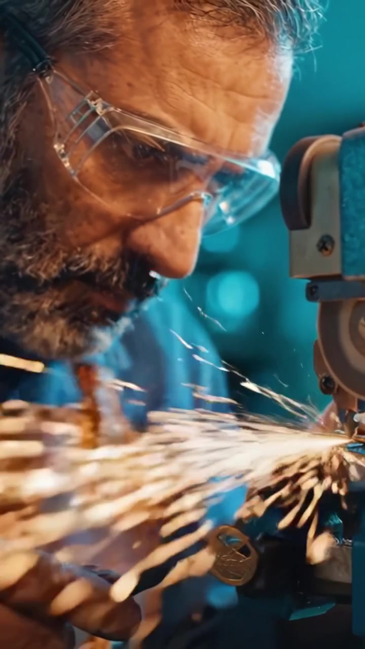 Skilled Craftsman in Workshop Performing Precision Work with Tools and Metal, Creating Detailed Components while Sparks Fly in a Focused and Artisanal Environment