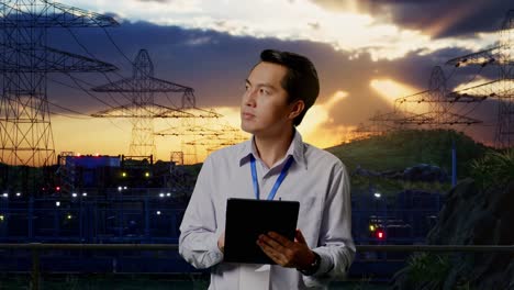 asian male professional worker standing with his tablet near high voltage tower, industrial facility, he observes by looking around before he come to concentrating with his tablet