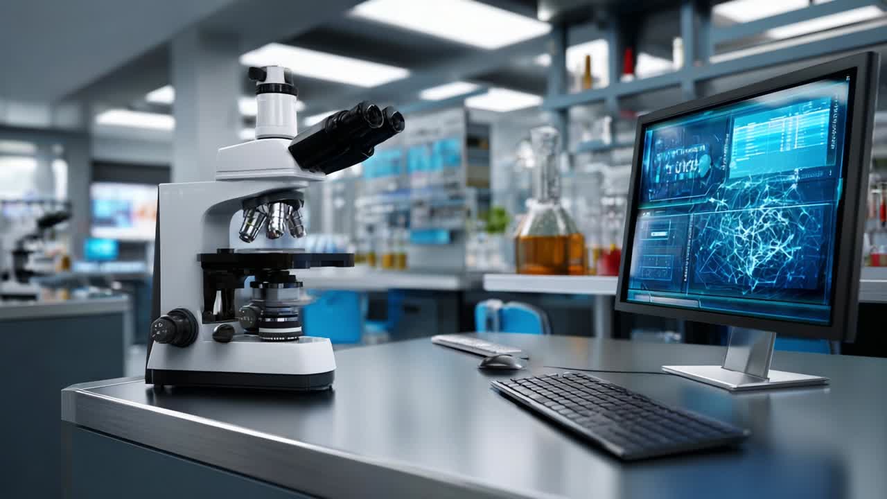 A State-of-the-Art Laboratory Featuring a Laboratory Microscope and Advanced Digital Workstation, Illustrating the Intersection of Microscopy and Data Analysis in Modern Scientific Research