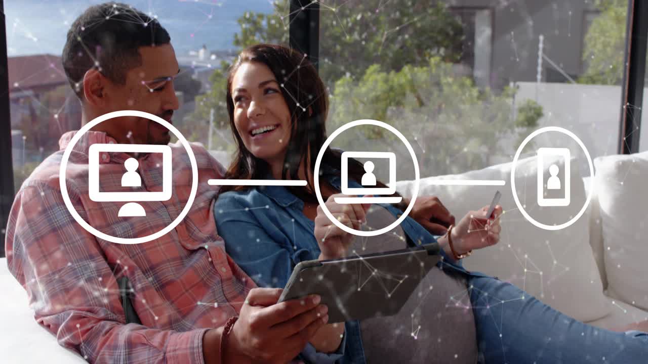 Pregnant woman pointing tablet, causing network icons showing, man scrolling tablet, exploring apps