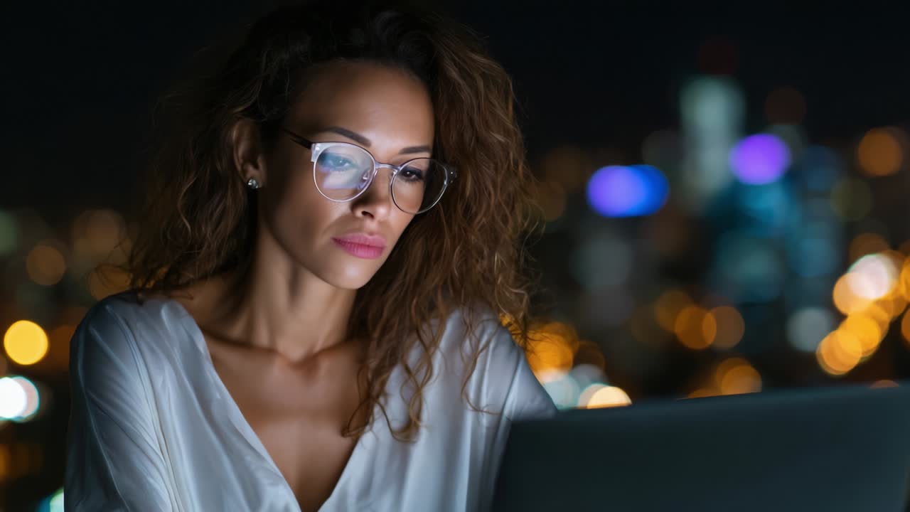 Focused female professional working late at night on a laptop, illuminated by a city skyline backdrop, showcasing dedication and concentration amidst a vibrant urban nightlife atmosphere