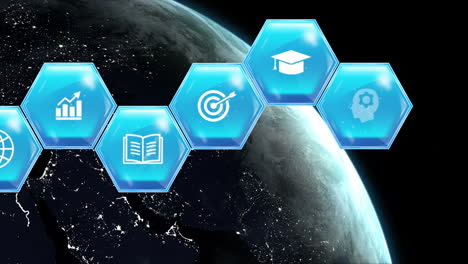 animation of education and learning icons on blue hexagons over globe on blue background