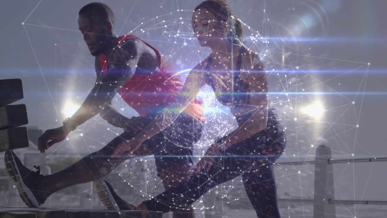 animación de la red de conexiones sobre mujeres y hombres que hacen ejercicio al aire libre