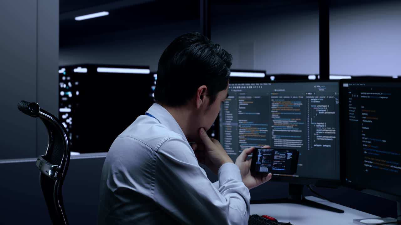 Programmer reviewing code on a smartphone in a dark office