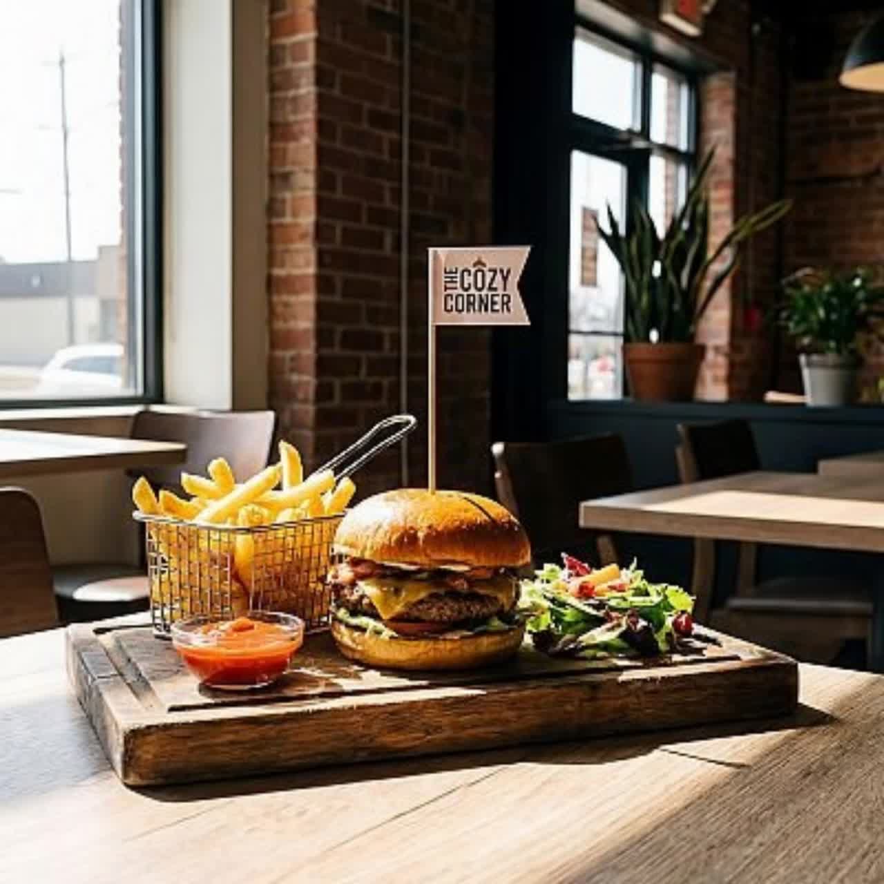 Juicy cheeseburger with crispy fries and fresh salad served on wooden table in cozy cafe