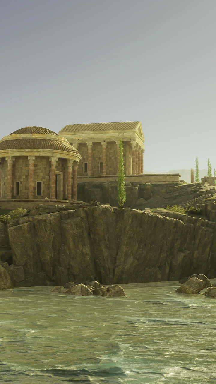 Ancient temple ruins on rocky shoreline by a calm sea at sunset