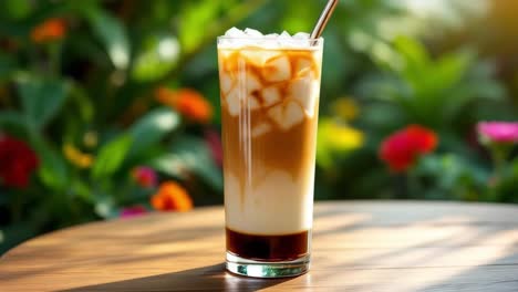Glass of iced coffee resting on a wooden table in a summer garden with flowers in the background