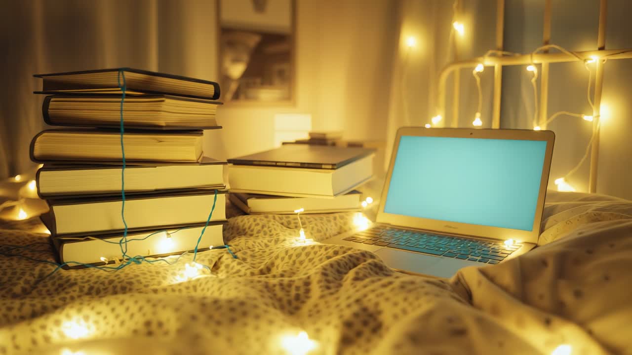 Camera panning across bedroom fairy lights zooming to books with blue string and laptop, copy space