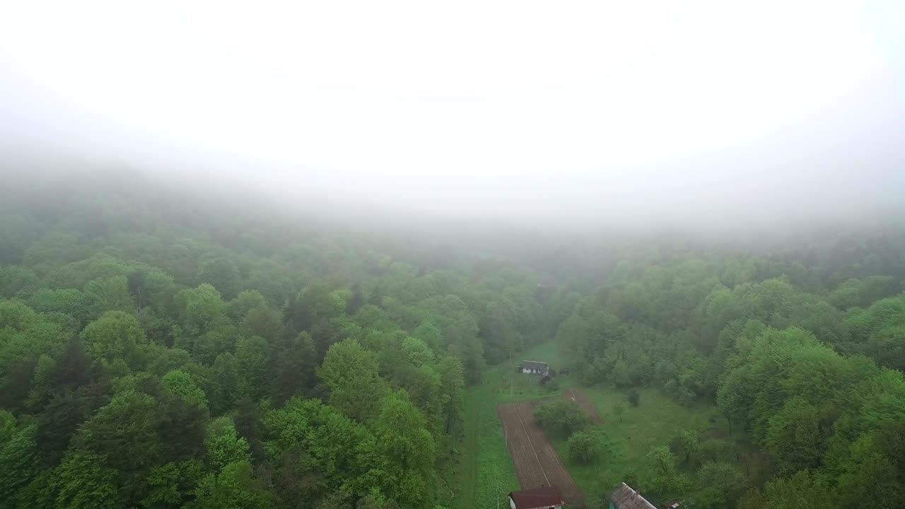 아침 안개 속에서 마을 위를 날아다니는 드론