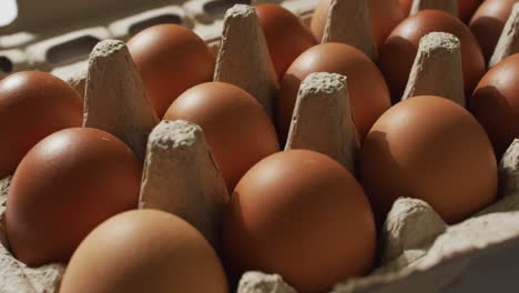 primer plano de varios huevos en una caja de cartón en superficie blanca