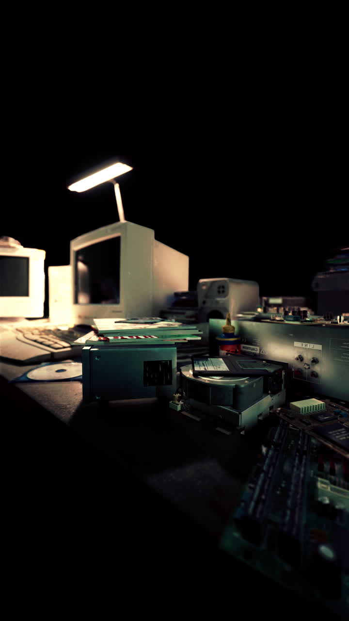 viejas piezas de computadora en un escritorio en una habitación oscura