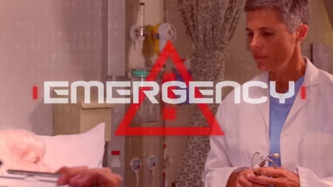 Word-Emergency-written-over-red-triangle-and-doctors-talking-in-background.-Covid-19-spreading