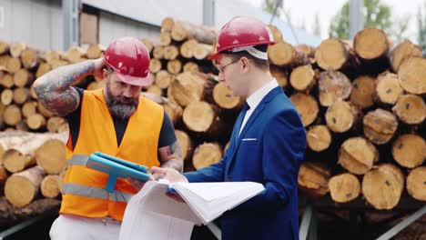 Two-engineers-study-the-drawings-with-scaffolding-in-the-background-4