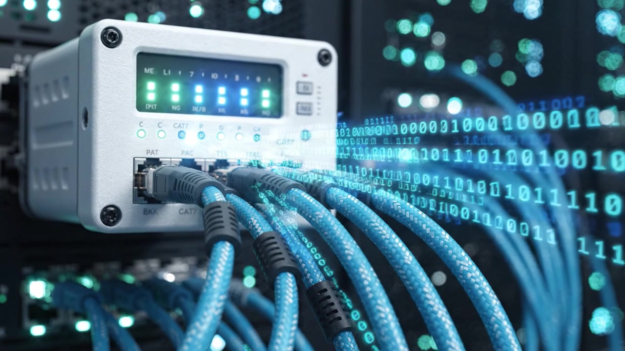 High-Tech Networking Equipment with Blue Cables Connecting to Server Rack, Showcasing Advanced Technology and Data Management Solutions in Action