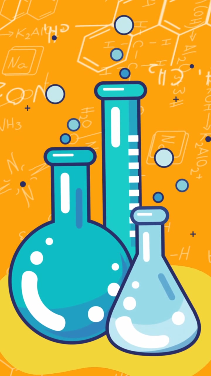 Animation of laboratory equipment icon against chemical structures and equations in seamless pattern