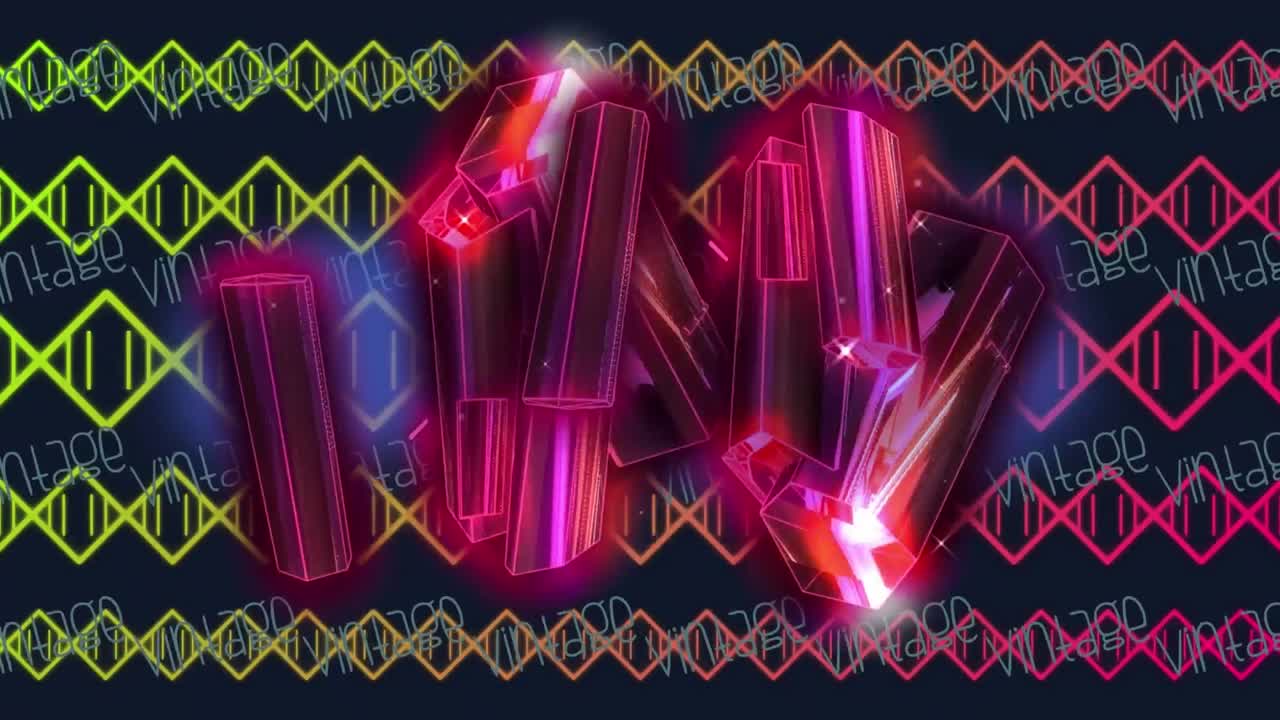 여러 개의 로에 조명된 추상적인 패턴의 애니메이션이 빈티지 텍스트에 상호 연결되어 있습니다.