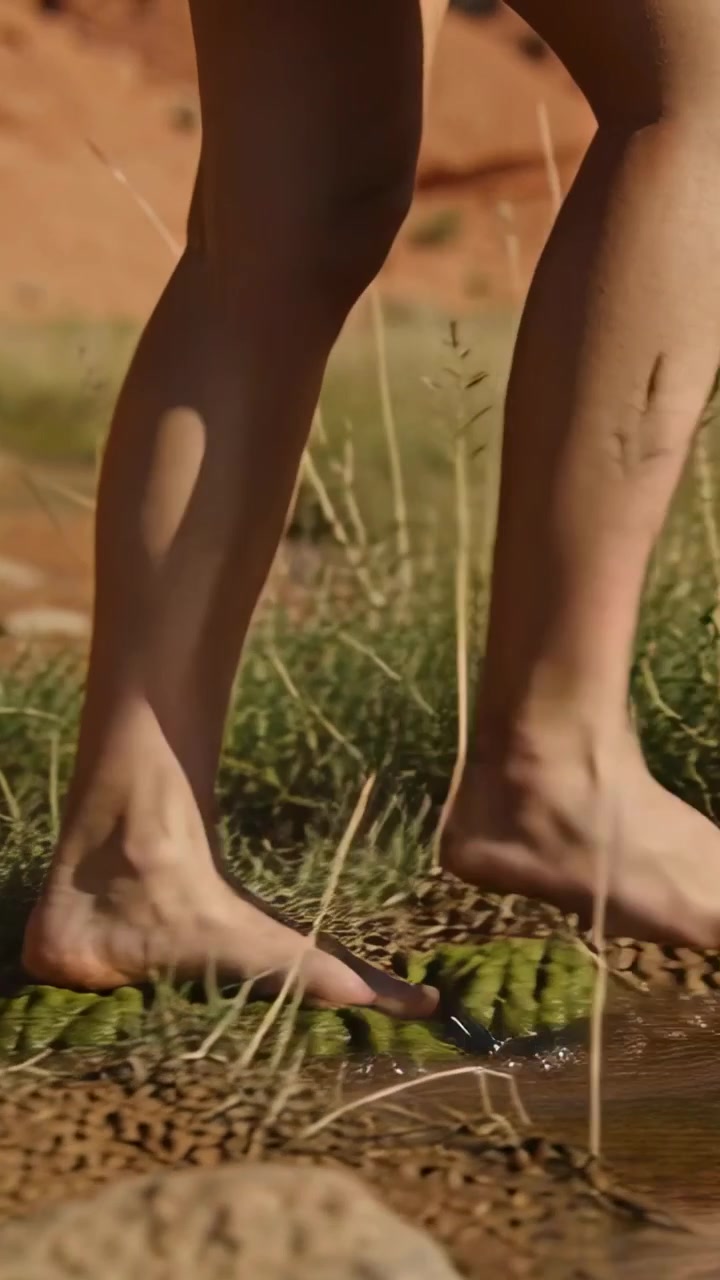 Vertical video: Splashing barefoot woman in shorts stepping across creek on moss rock to red soil