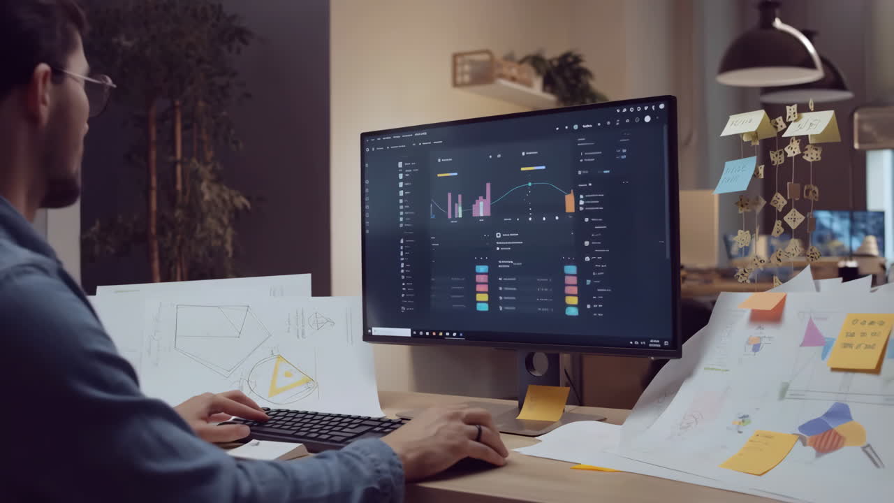 Person Working on a Computer with Graphs and Charts