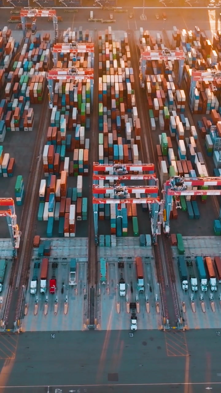 Cargo containers are arranged in rows at a terminal in Los Angeles. Crane equipment moves containers. Trucks are present for loading and unloading. Activity shows logistics processes.