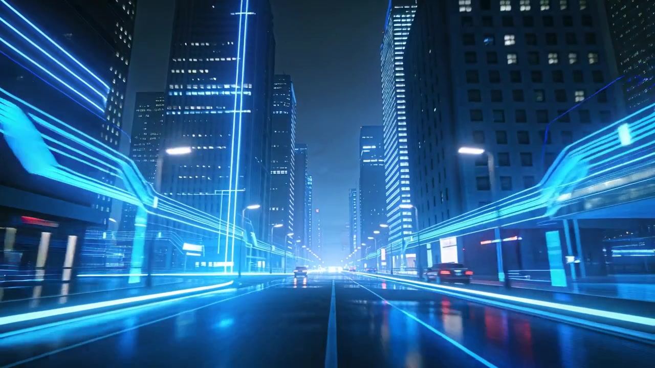 Advancing camera showing wet night avenue, blue neon streaking, tiny car flashing, creating speed