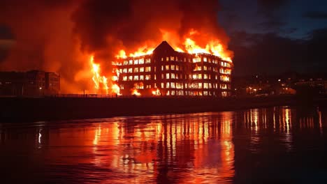 a large building on fire in the middle of a body of water