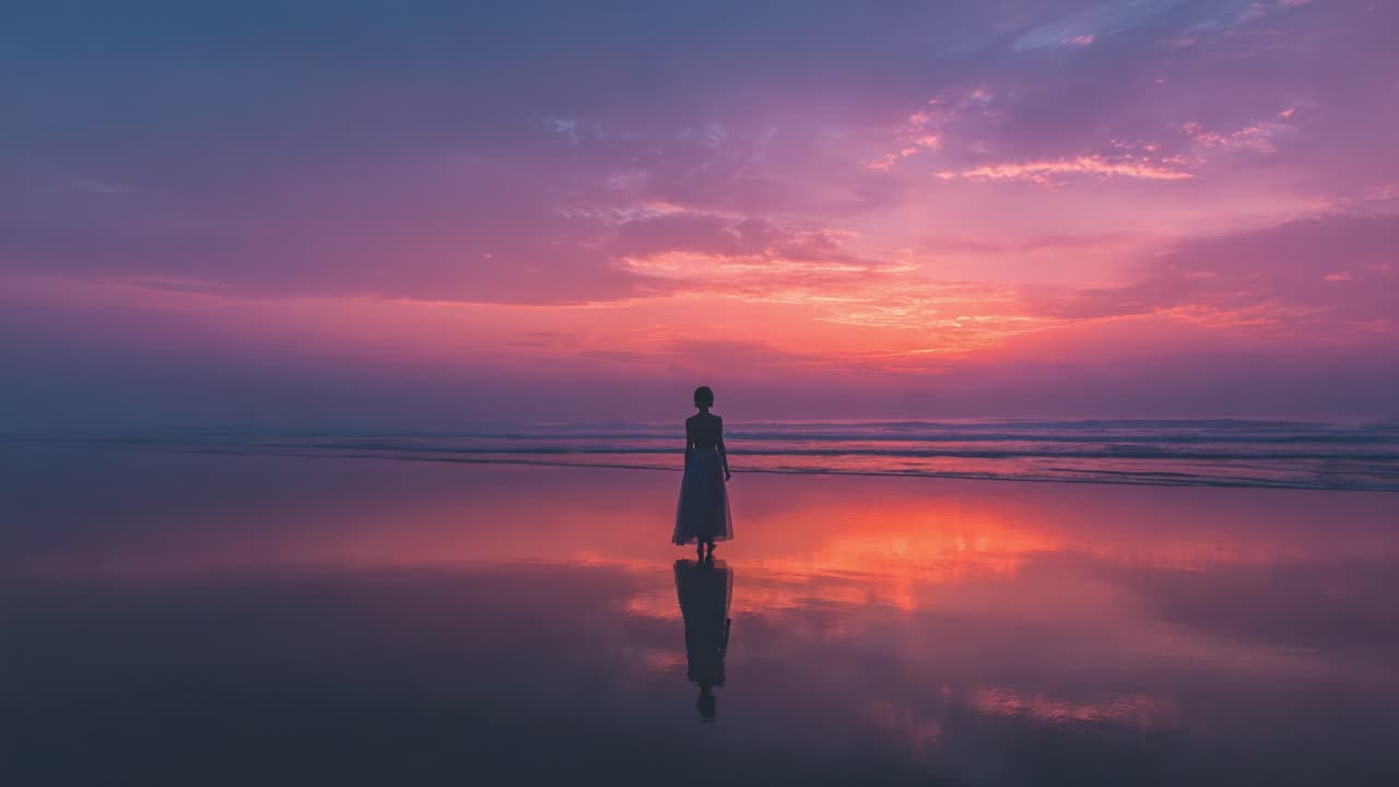 A serene silhouette of a figure standing on a reflective beach at sunset, where the vibrant colors of the sky beautifully blend with the calm ocean waters