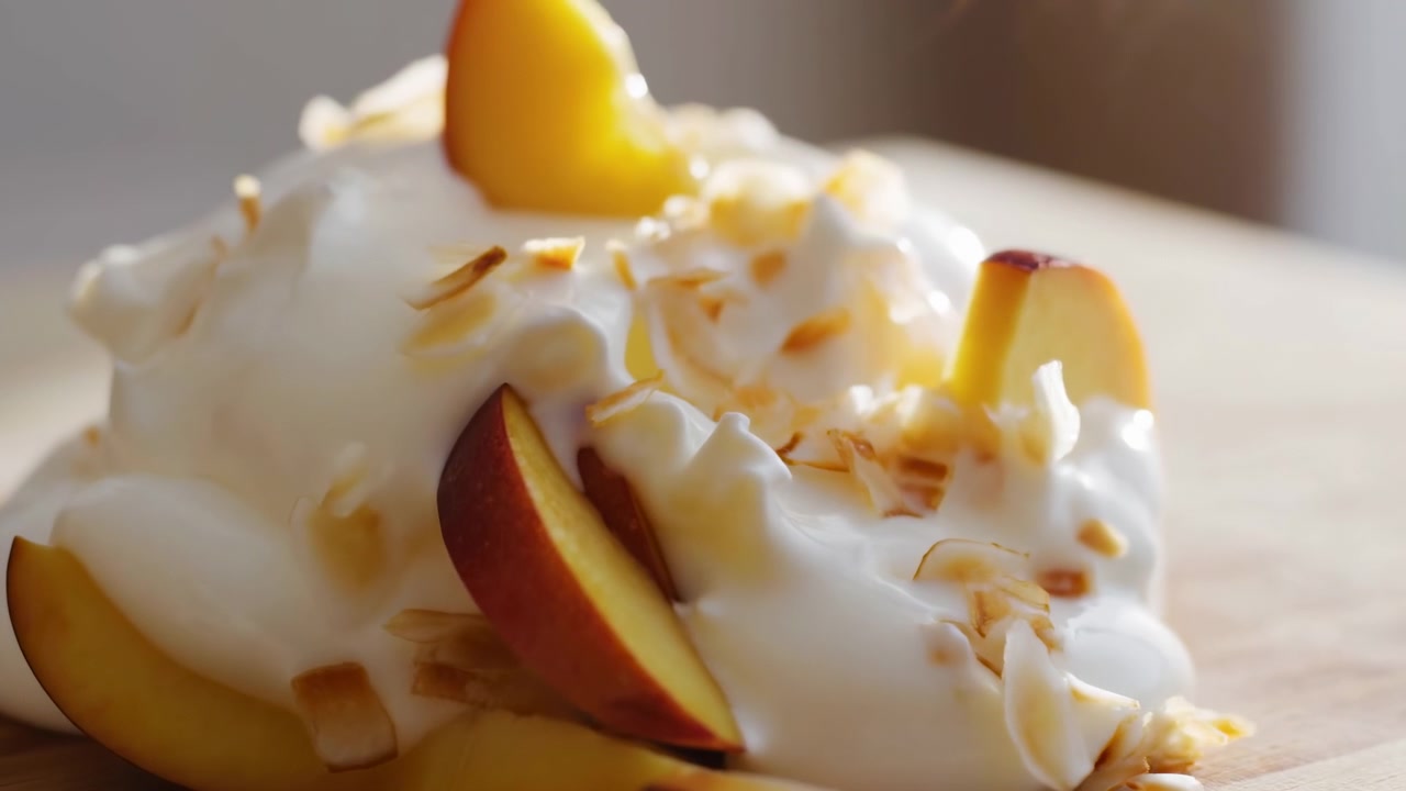 Uma visão próxima move-se gradualmente pelo creme branco suave que envolve fatias de frutas amarelas de casca vermelha, enquanto o coco tostado captura a luz quente do dia contra um fundo neutro suavemente desfocado