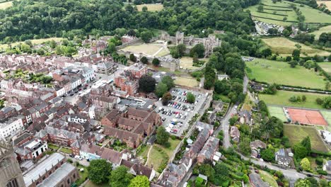 ludlow town shropshire england historic town centre high angle drone,aerial