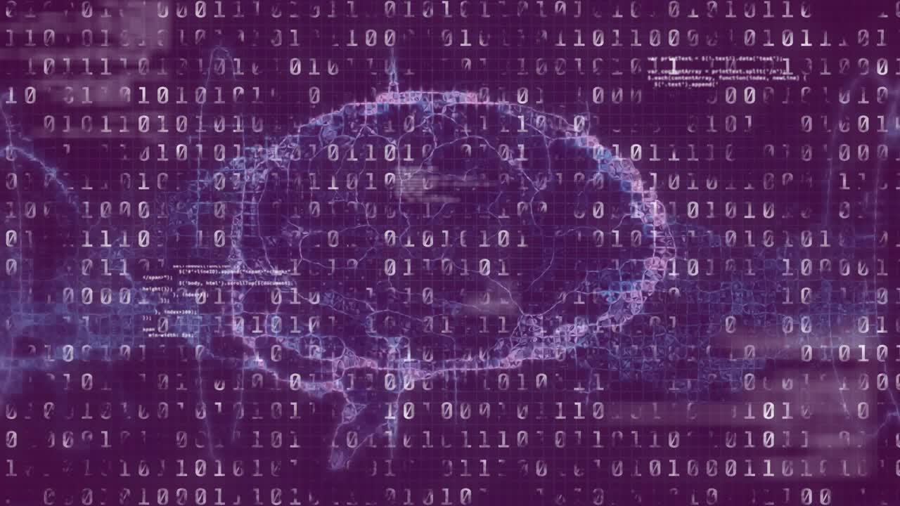 Streaming af binære cifre igangsætter dannelse og pulsering af hjernenet, mens kodestykker visualiserer data.