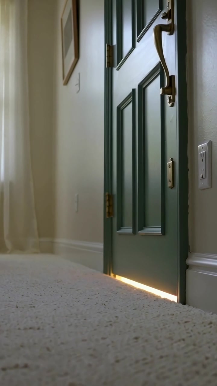 Video verticale: Cerniere in movimento, porta d'ingresso verde che si apre, riversando luce calda sul tappeto nell'ingresso.