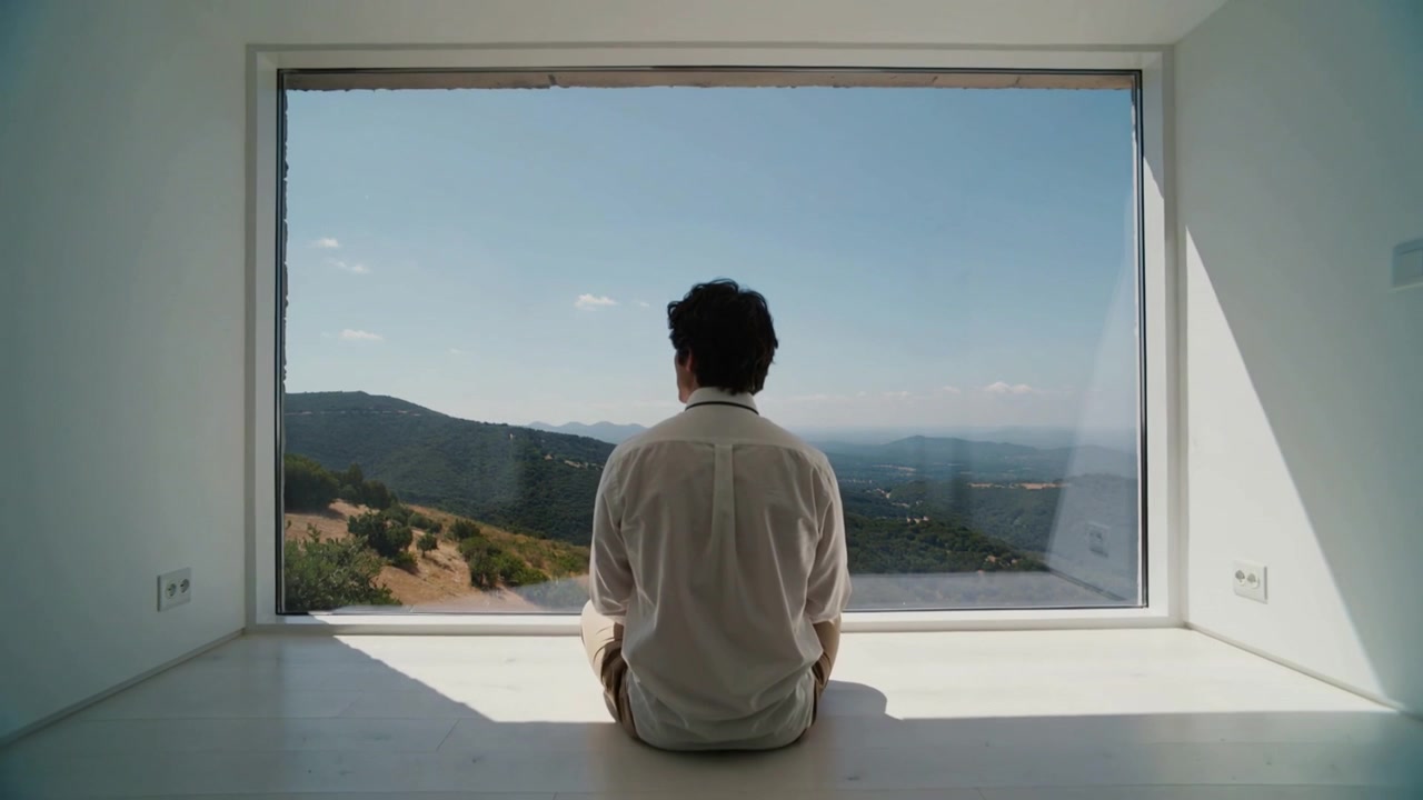 Sitting man on window ledge in shirt viewing hills through panoramic window, camera pulling back