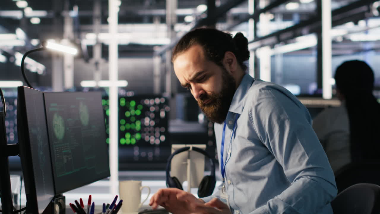 Vertical video Anxious technicians in data center reacting to system lockdown caused by hacker
