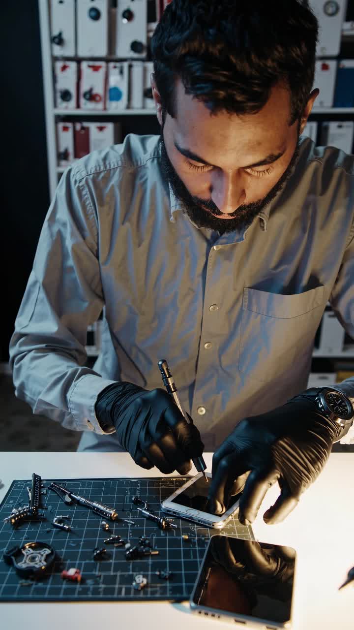 Phone technician wearing black protective gloves disassembling smartphone motherboard, surrounded by repair tools and components in professional electronics workshop