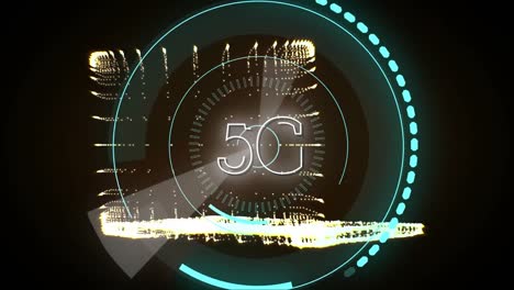 5g escrito en el medio de un círculo futurista y un portátil digital