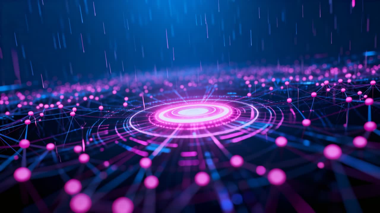 Camera moving closer, hub rings pulsing and expanding, nodes flashing, showing rising data activity