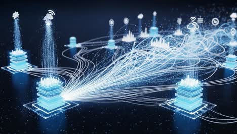 dynamic data transfer and visualization in a virtual network, highlighting the flow of information between multiple servers with animated connections and cloud symbols