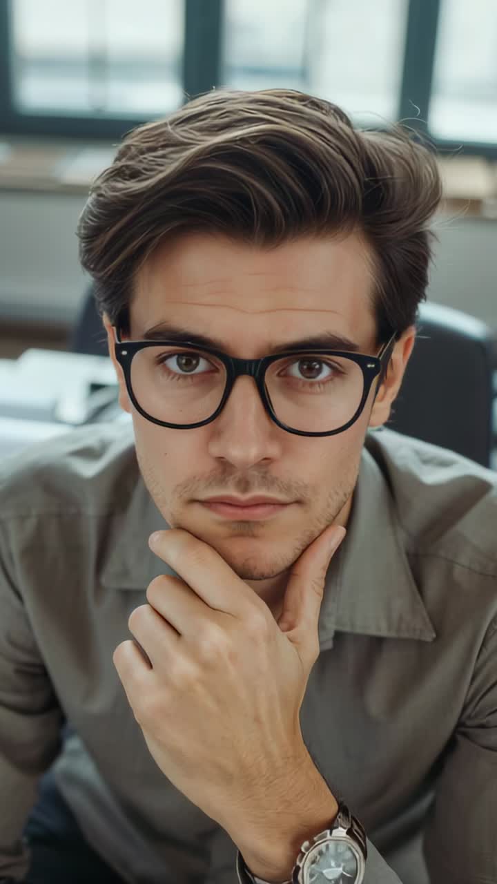 Video verticale: uomo in ufficio che si tocca il mento, pensa e sbatte le palpebre, indossa una camicia grigia e degli occhiali
