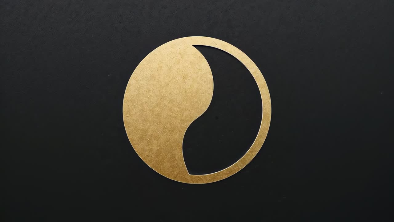 Rotating on play start, gold emblem curved-cutout zooming on dark backdrop to reveal hammered metal