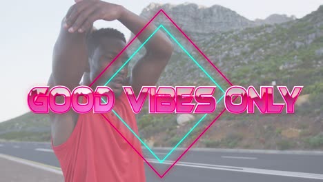 animación de las palabras buenas vibraciones sólo en rosa sobre el hombre haciendo ejercicio en el camino de la montaña