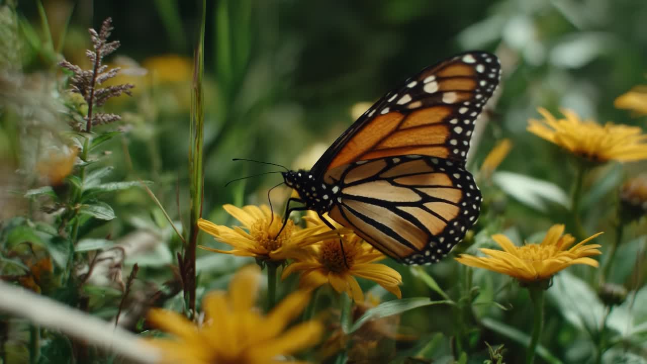 A Captivating Monarch Butterfly Graces Vibrant Yellow Flowers, Showcasing Nature's Beauty and Intricate Patterns in a Serene Garden Environment