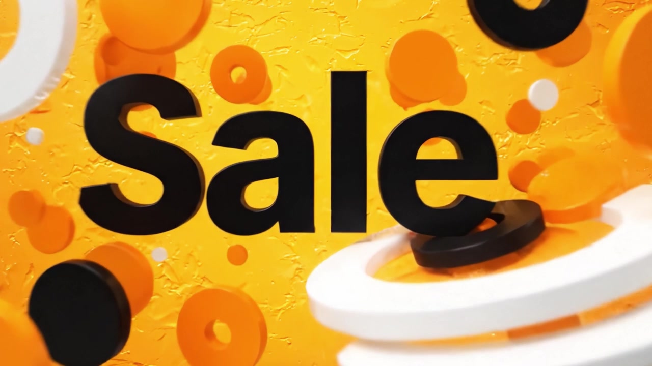 Grafica promozionale accattivante per i saldi con tipografia audace su uno sfondo arancione vibrante e testurizzato, con forme e colori astratti per una strategia di marketing efficace.