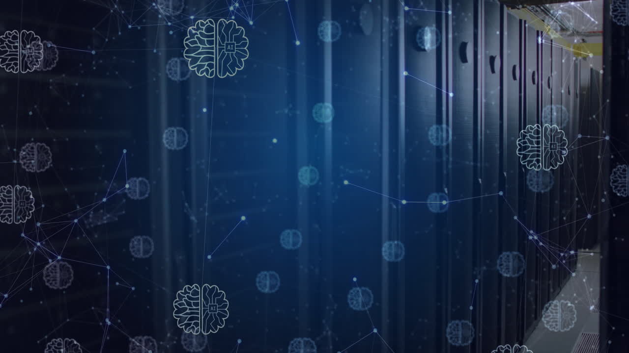 animación de cerebros y redes de ia que procesan datos a través de la sala de servidores de computadoras