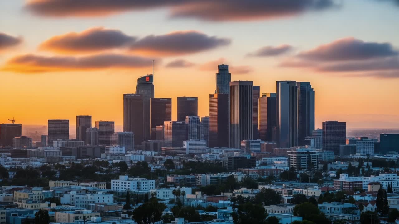 Splendida vista del tramonto sullo skyline urbano con drammatica formazione di nuvole e colori vivaci che illuminano il paesaggio cittadino la sera
